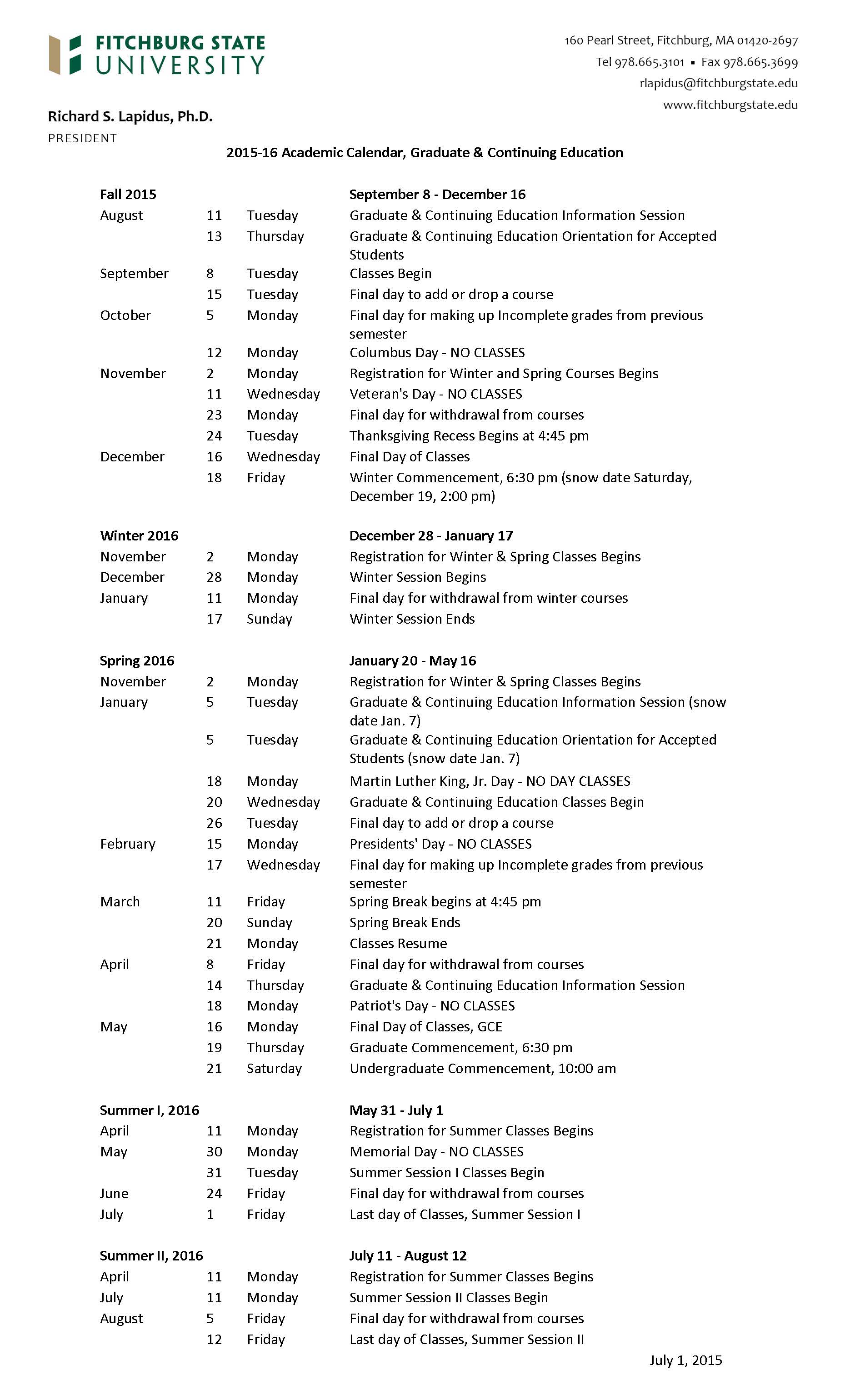 Academic Calendars Fitchburg State University Acalog ACMS™